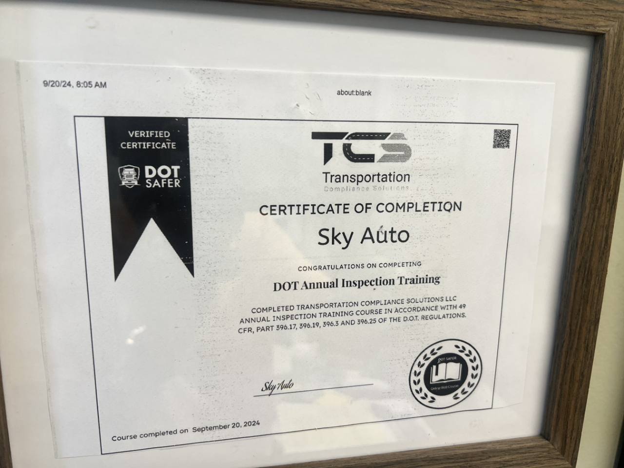 Sky Auto DOT Annual Inspection Training certificate