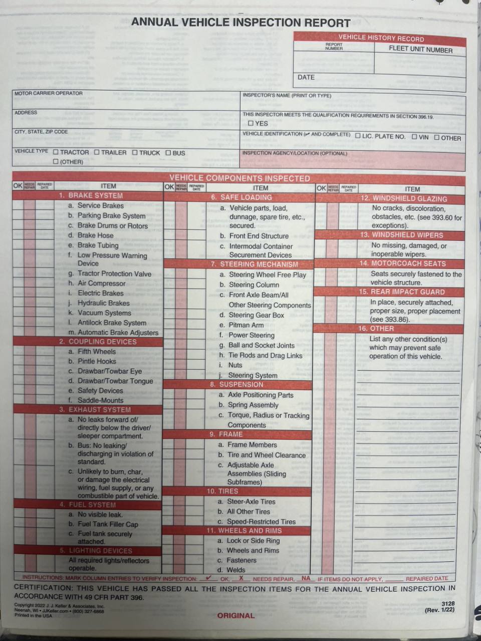 Annual Vehicle Inspection Report showing component categories